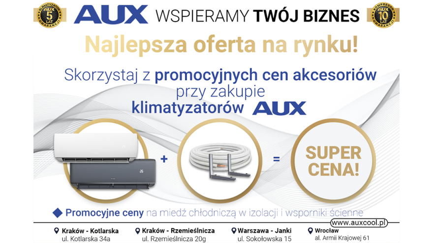 Wraz z zakupem klimatyzatorów marki AUX, oferujemy promocyjne ceny na akcesoria!