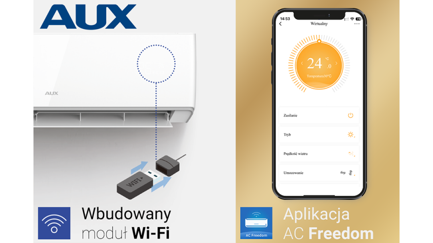 ❄️Co wyróżnia klimatyzatory AUX? - Wbudowany moduł Wi-Fi oraz aplikacja AC Freedom